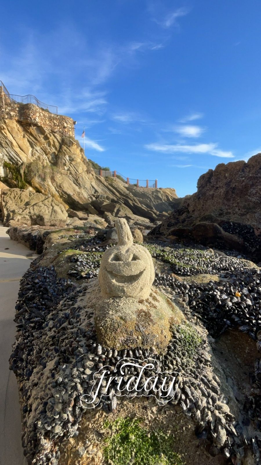 Jack-o'-lantern sand sculpture on a mussel-covered rock at the beach