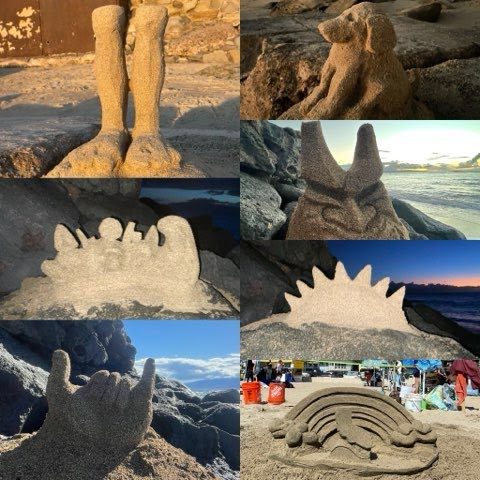 Collage of sand sculptures: legs, dog, bunny, crowns, spiky dragon, shaka hand and rainbow